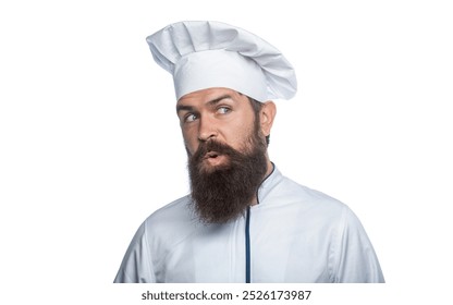 Confident bearded male chef in white uniform. Serious cook in white uniform, chef hat. Portrait of a surprised chef cook. Bearded chef, cooks or baker. Bearded male chefs isolated. Cook hat. - Powered by Shutterstock