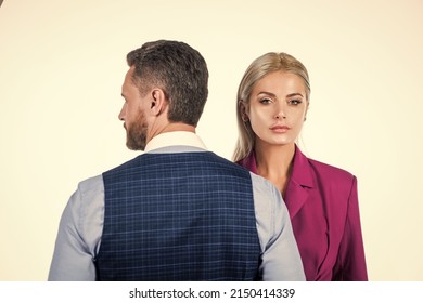 confident business couple in corporate fashion look isolated on white, contradiction