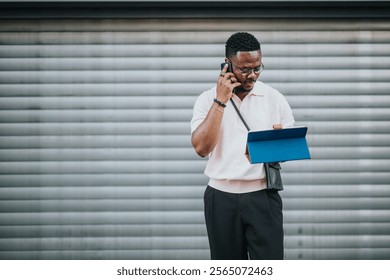 Confident business professional multitasking by using a mobile phone and digital tablet in an urban setting. Demonstrates focus, communication, and modern technology in the workplace. - Powered by Shutterstock