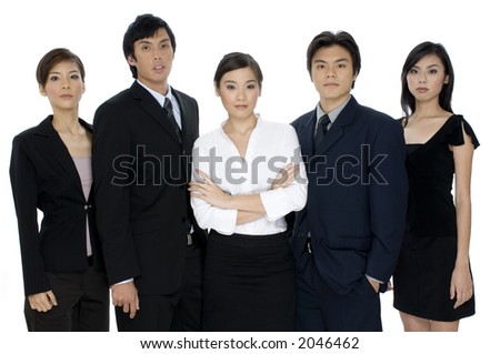 A confident business team of young asian professionals on white background