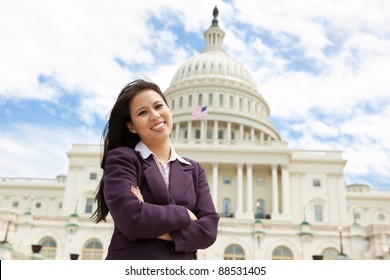 Confident Business Woman In Front Of United States Capitol Building In Washington DC