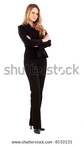 Similar – Image, Stock Photo Full body portrait of a young woman standing barefoot with long legs in a leopard print top and hot pants against a concrete wall looking challengingly at the camera