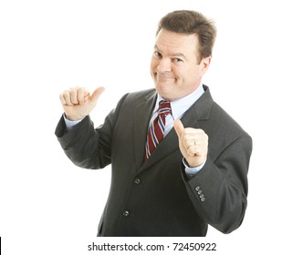 Confident businessman points to himself with both thumbs. Isolated on white. - Shutterstock ID 72450922
