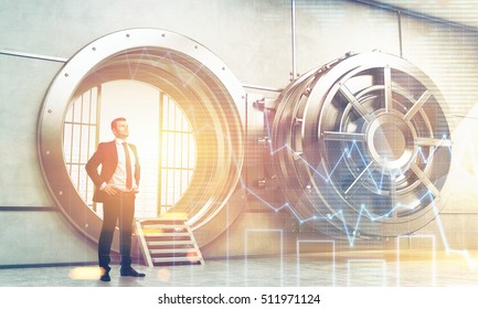 Confident businessman is standing near wide open vault door. Concept of money saving. 3d rendering. Toned image. Double exposure