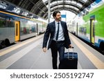 Confident businessman in suit walks through busy train station with suitcase, ready for business trip. Urban setting adds modern touch. Smiling, he looks ahead, prepared for journey