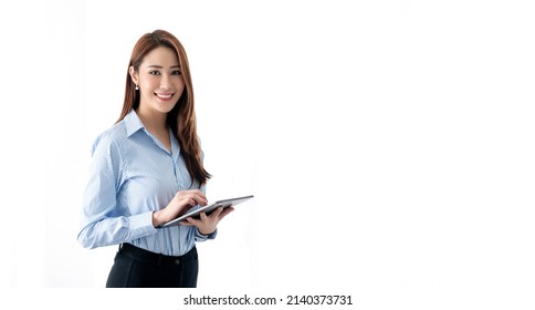 Confident businesswoman holding tablet and smiling at the camera, isolated on white background. - Powered by Shutterstock