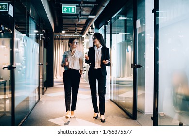 Confident Caucasian Colleagues 30s Enjoying Friendship Relations In Office Workspace, Successful Female Executive Managers Walking In Corporate Hallway And Discussing Business Ideas For Cooperate