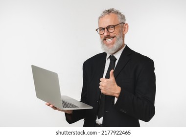 Confident Caucasian Mature Middle-aged Businessman Ceo Boss Bank Employee Showing Thumb Up Holding Laptop For E-banking E-commerce, Transactions With Cashback Isolated In White Background