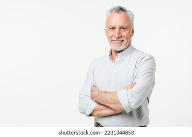 Confident caucasian middle-aged senior businessman freelancer ceo grandfather teacher professor boss in formal attire with arms crossed isolated in white background - Powered by Shutterstock