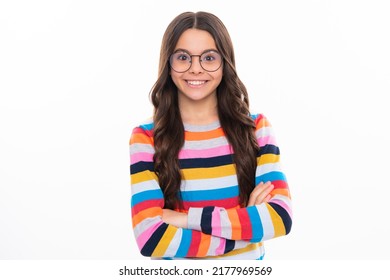 Confident Child Keep Arms Crossed, Isolated On White Background, Empty Space. Little Caucasian Teenage Girl 12, 13, 14 Years Old Hold Hands Crossed. Happy Girl Face, Positive And Smiling Emotions.