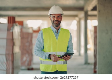 Confident construction engineer smiling and using a tablet while inspecting a building site, wearing a hardhat and safety vest, ensuring project progress and safety compliance