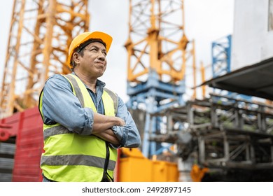 Confident construction senior male crane operator wearing a yellow hard hat and safety vest standing with arms crossed in front of tower crane at construction site. - Powered by Shutterstock