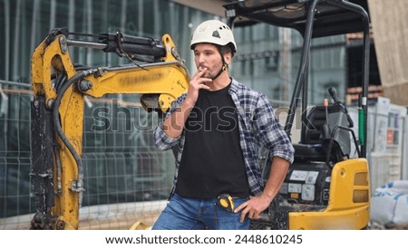 Confident construction site worker. Constructor man smoke cigarette. Builder engineer wear white helmet. Excavator driver plaid shirt. Guy build new house city street. Erector job. Smoker take break.