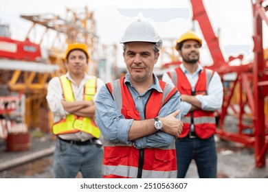 Confident construction team leader in white hard hat and red safety vest stands with arms crossed, with two colleagues workers in behind at the construction site. Tower crane equipment on background. - Powered by Shutterstock