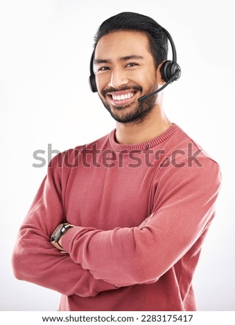 Confident customer service, face portrait or happy man telemarketing on contact us CRM or consulting telecom. Callcenter communication, arms crossed and male studio agent isolated on white background