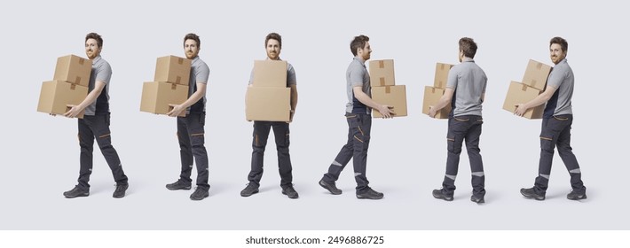 Confident delivery man carrying boxes, collection of portraits isolated on white background - Powered by Shutterstock