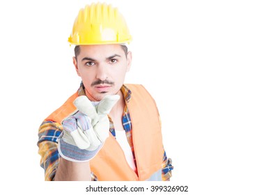 Confident engineer making looking at you or i'm watching you gesture as surveillance and inspection concept isolated on white