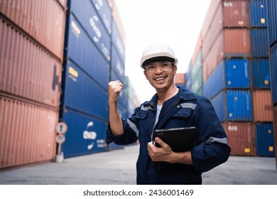 Confident engineers working in import and export container terminals. Male worker in the container industry.