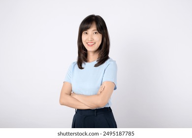 Confident enterpriser, people emotions and casual concept. nice smiling asian woman cross arms chest confident isolated on white, ready to help, listening to coworkers, taking part conversation. - Powered by Shutterstock