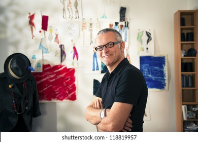 Confident Entrepreneur, Portrait Of Happy Mature Man Working As Fashion Designer And Dressmaker In Atelier