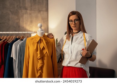 Confident fashion designer with measuring tape in creative studio - Powered by Shutterstock