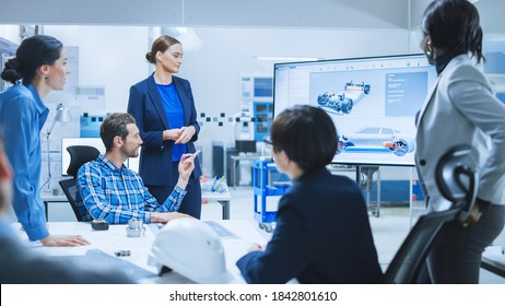 Confident Female Automotive Engineer Reports To Diverse Team Of Specialists, Managers, Businesspeople And Investors Sitting At The Conference Table, She Shows TV With 3D Prototype Of Electric Car