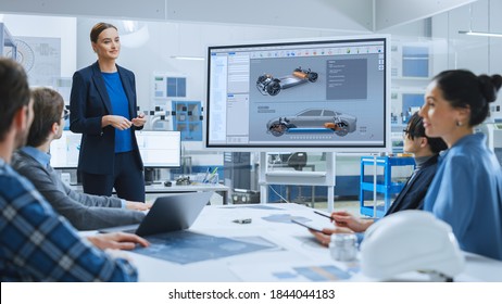 Confident Female Automotive Engineer Reports To Diverse Team Of Specialists, Managers, Businesspeople And Investors Sitting At The Conference Table, She Shows TV With 3D Prototype Of Electric Car