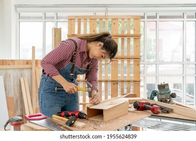A Confident female carpenter uses a hammer and nail to hammering the wooden bar at the carpentry shop. Asian handywoman apprentice working in a workshop. DIY woodworking crafts and Hobby concepts.