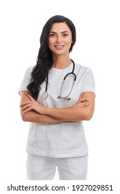 Confident female doctor in medical uniform with stethoscope on neck standing over white background. Concept of medicine, health and care.