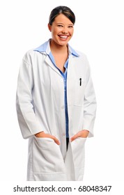Confident female doctor in white coat, isolated on white