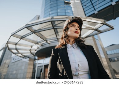 Confident female entrepreneur walking in urban setting, modern architecture. - Powered by Shutterstock