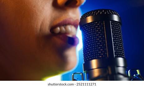 Confident female singer performing live in a rock nightclub, showing off her bold melodic voice. Edgy independent woman singing under the spotlights, rebellious energy. Close up. Camera A. - Powered by Shutterstock