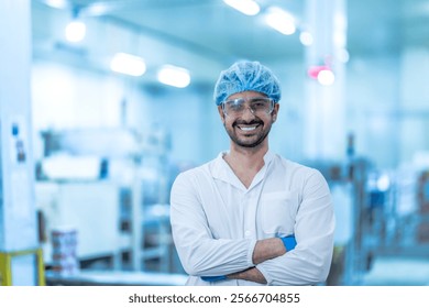 A confident food processing supervisor in protective gear, standing with arms crossed next to machinery in a factory, symbolizing leadership, quality assurance, and operational safety.