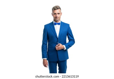 Confident Formal Man In Blue Tuxedo Bowtie Isolated On White Background