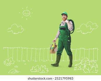 Confident gardener walking and carrying tools, creative sketch in the background - Powered by Shutterstock