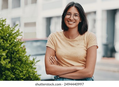 Confident, girl and portrait with glasses outdoor for eyesight or clear vision, optometry wellness and prescription lens. Female student, spectacles and smile for eye care and ocular surface disease.