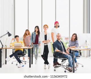 Confident Group Portrait Of Multiethnic Diverse Business Team In Office Meeting, Copy Space. Creative People, Organization Team Building, Mission Vision, Solution Support Service, Or Startup Concept