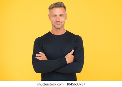 Confident Guy With Groomed Face. Handsome Man Crossed Hands Wear Black. Male Fashion And Beauty. Guy Looking Stylish And Trendy. Barbershop Concept. Care His Bristle And Hair.