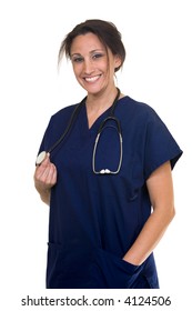 Confident Hispanic Woman Healthcare Worker Wearing Dark Blue Scrubs Holding The End Of A Stethoscope On White