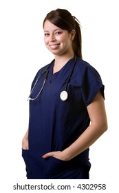 Confident Hispanic Woman Healthcare Worker Wearing Dark Blue Scrubs Wearing A Stethoscope Standing On White