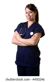 Confident Hispanic Woman Healthcare Worker Wearing Dark Blue Scrubs Wearing A Stethoscope Standing On White