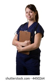 Confident Hispanic Woman Healthcare Worker Wearing Dark Blue Scrubs Wearing A Stethoscope Holding A Patient Chart Standing On White