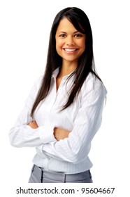 Confident Hispanic Woman In White Blouse, Isolated On White