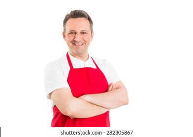 Confident hypermarket employee with arms crossed on white background - Powered by Shutterstock