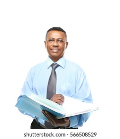 Confident Indian Teacher On White Background