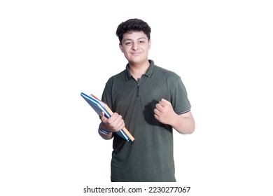 Confident indian teenager college or school boy holding books isolated on white background. - Powered by Shutterstock