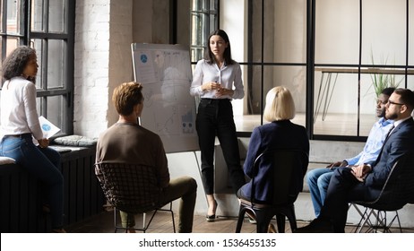 Confident lady business trainer coach leader give flip chart presentation consulting clients teaching employees training team people speaking explaining strategy at marketing workshop concept - Shutterstock ID 1536455135