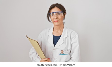 Confident latina woman, wearing safety glasses and a lab coat, holding a folder against a white backdrop. - Powered by Shutterstock