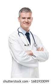 Confident Male Doctor In White Lab Coat And Stethoscope Standing With Folded Arms Smiling At The Camera Isolated On White