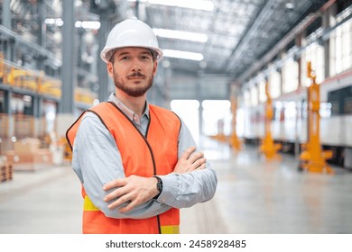 A confident male engineer stands with arms crossed in a large train maintenance hall, wearing a safety helmet and vest. - Powered by Shutterstock